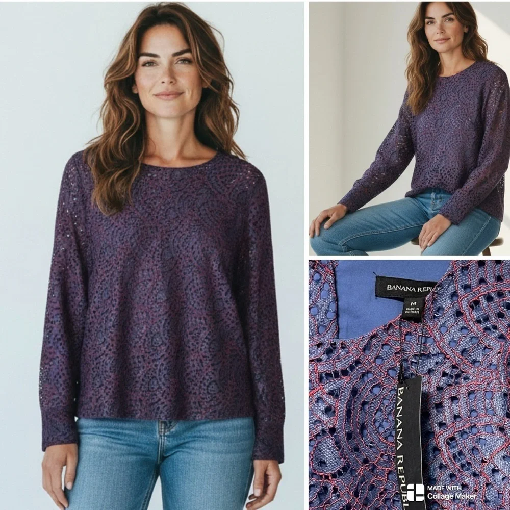 Banana Republic NWT blue lace blouse with red Embroidery